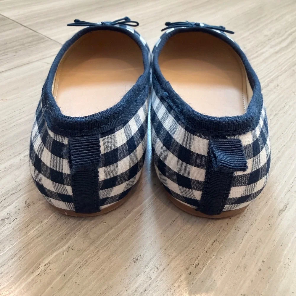 J.Crew Crewcuts Gingham Ballet Flats Bow Plaid Classic Navy White BN824 11 EUC